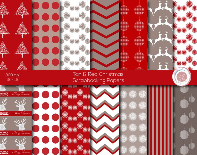 Christmas Scrapbooking Papers, Red and Taupe, Patterned, Reindeer, Christmas Trees, Snowflakes, Chevron, Crafts, Polka Dot, Digital image 1