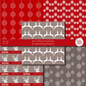 Christmas Scrapbooking Papers, Red and Taupe, Patterned, Reindeer, Christmas Trees, Snowflakes, Chevron, Crafts, Polka Dot, Digital image 2