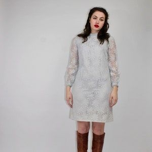 60s Baby Doll Dress/ 60s Lace Mini Dress/ Pale Blue Lace Dress/ Flower Print Lace Dress/ Sheer Lace Dress/ 60s Party Dress/ Cocktail Dress