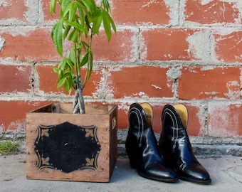 Vintage Cowboy Boots/ Vintage Cowgirl Boots/ Black Cowboy Boots/ Black Ankle Boots/ Stacked Heel Boots/ Stitch Cowboy Boots/ White Arrows