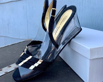 Norman Ruplan Las Vegas Plastic Wedge Sandals/ Bronze and Gold Leather Sling Back Sandals/ 80s Plastic Wedges/ Open Toe Sandals/ Size 7