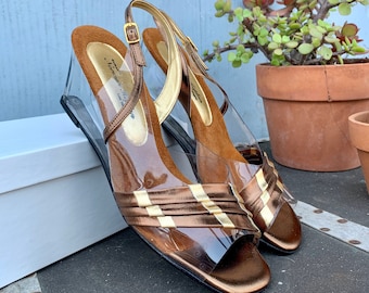 Norman Ruplan Las Vegas Plastic Wedge Sandals/ Bronze and Gold Leather Sling Back Sandals/ 80s Plastic Wedges/ Open Toe Sandals/ Size 7