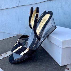 Norman Ruplin Black Gold Suede Wedge Sandals Size 7, Plastic Wecges