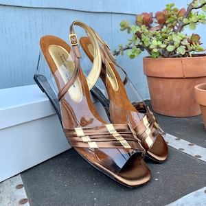 70s Plastic Wedges/ Bronze and Gold Suede Sling Backs Open Toe Sandals/ Size 7
