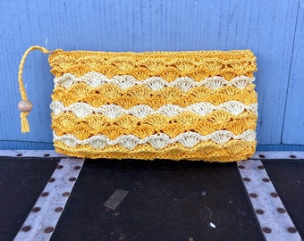 Vintage Saks Fifth Ave Yellow and White Weaved Clutch/ 80s Saks Fifth Ave Purse/ Saks 5th Ave/ Crotched Clutch/ Wicker/ Crotched Fabric