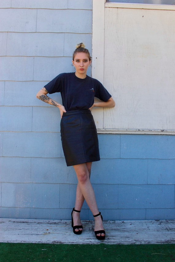 Black Vintage Leather Skirt/ 80s Black Leather Ski