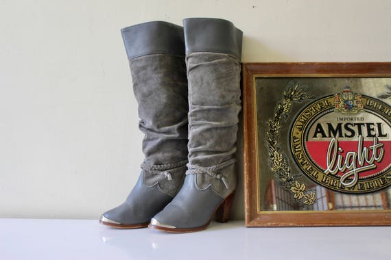 70s Knee High Boots Knee High Slouch Boots Gray 70s Boots High Heel Boots Stacked Heel 70s Boots Cintage Wood Heels Gray Suede Boots Etsy