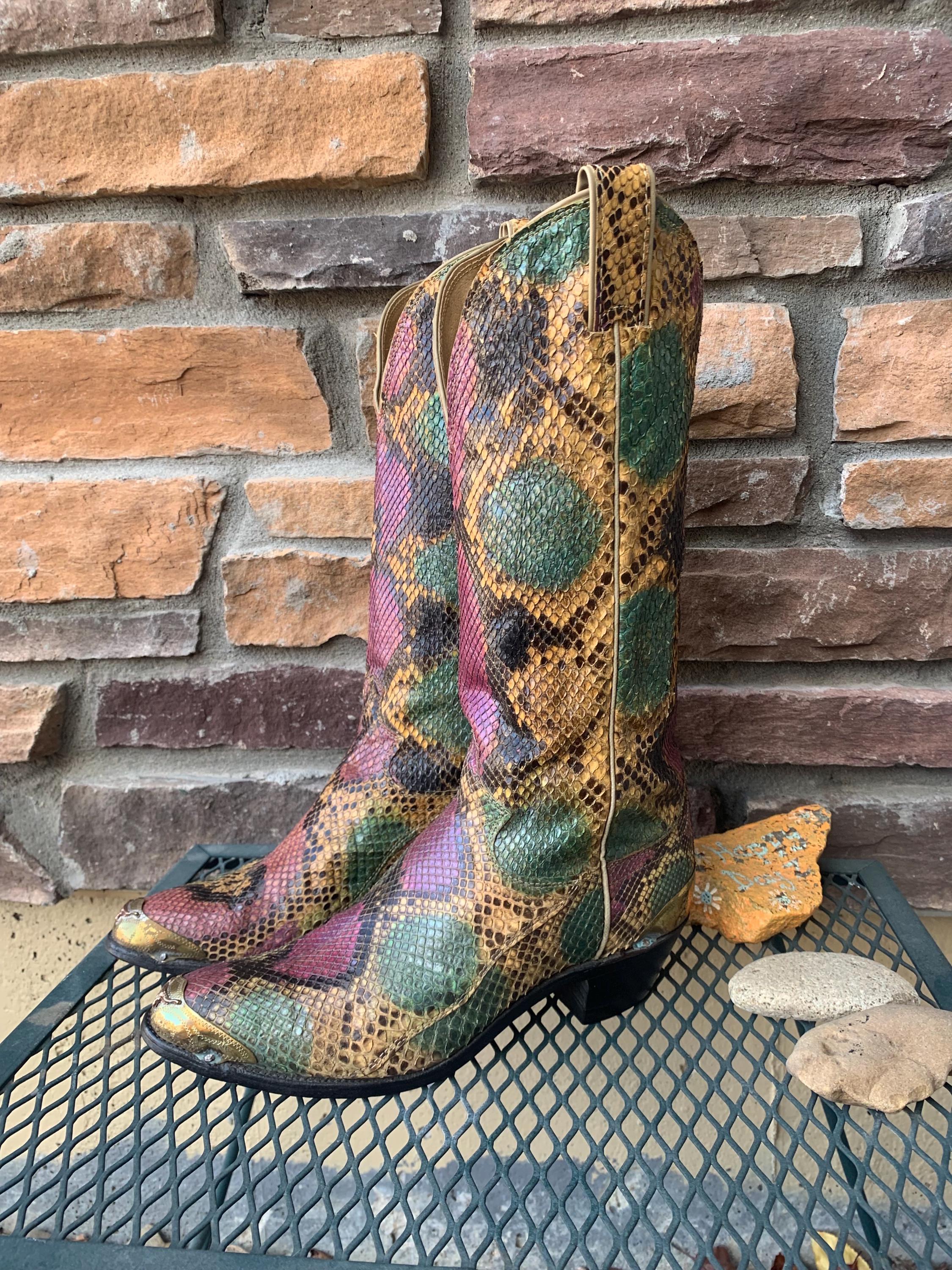 Vintage Real Snakeskin Cowboy Boots/ 80s Snakeskin Boots/ Rainbow