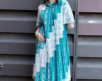 Vestido Mumu de mariposa de los años 70: vestido plisado vintage japonés verde azulado, talla mediana