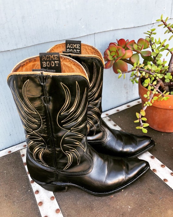 Black Vintage Cowboy Boots/ Inlay Cowboy Boots/ Go