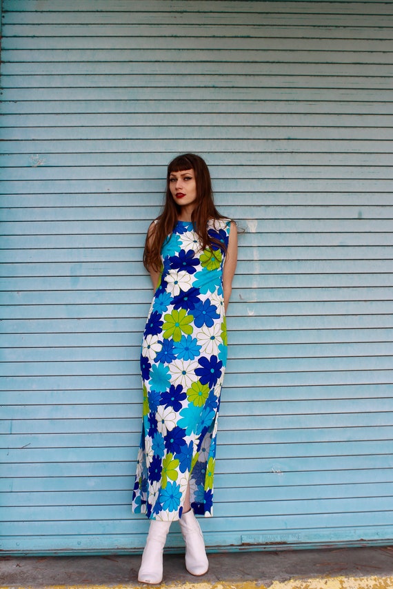 60s Hawaiian Flower Print Dress/ 60s Blue Daisy P… - image 4