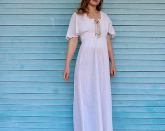70s White Cotton Maxi Dress, Macrame Boho, Small/Medium