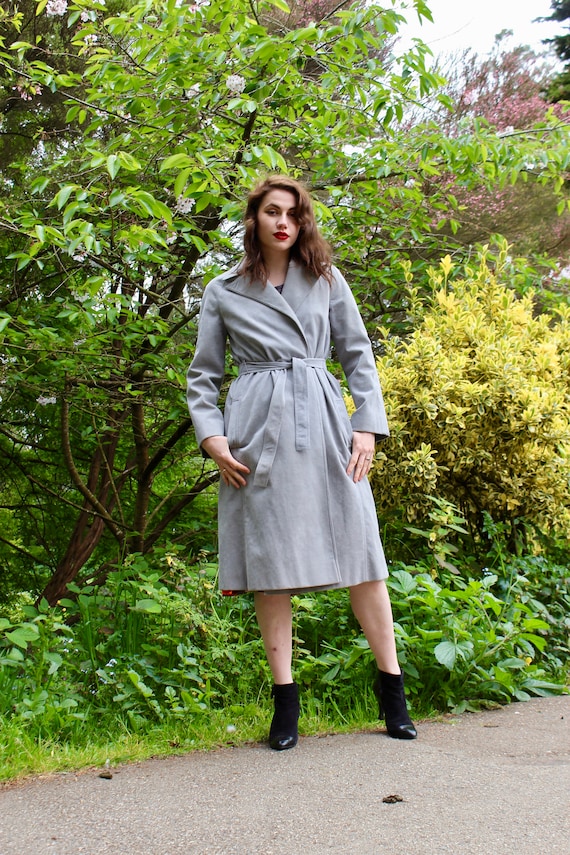 70s Suede Trench Coat Belted Suede Spy Coat Lightweight Coat Light Gray Knee Length Leather Trench Coat Belted Gray Suede Coat Etsy
