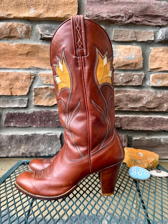 1970s Inlay Tulip Design Rust Dan Post Cowboy Boo… - image 10