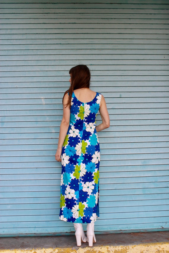 60s Hawaiian Flower Print Dress/ 60s Blue Daisy P… - image 5