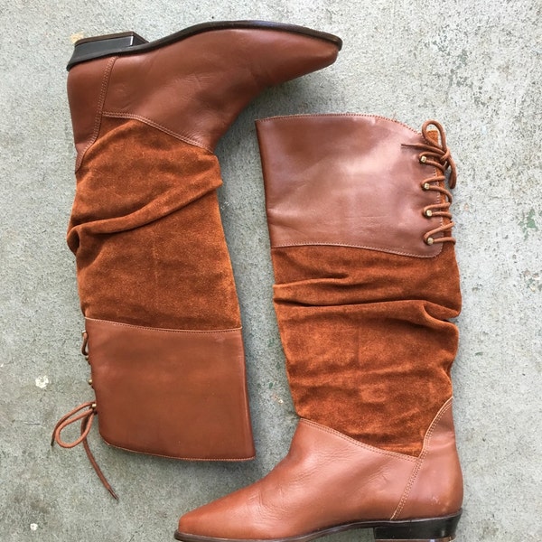 Vintage Brown Leather Boots/ Knee High Boots/ Brown Leather Boots/ Tall Leather Boots/ Brown Knee High Boots/ Size 7M