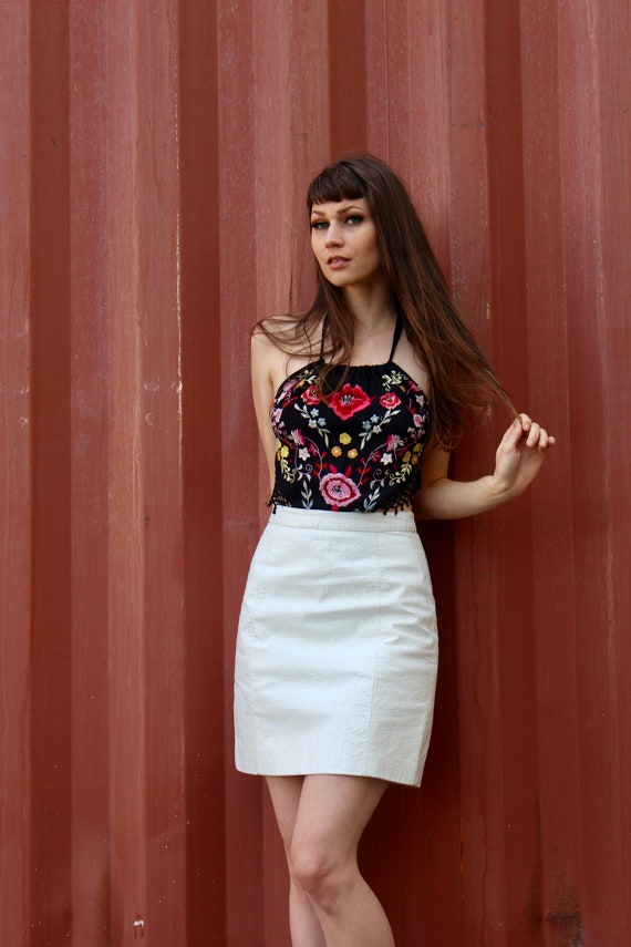 Vintage Leather Skirt/ White Mini Skirt/ Leather M