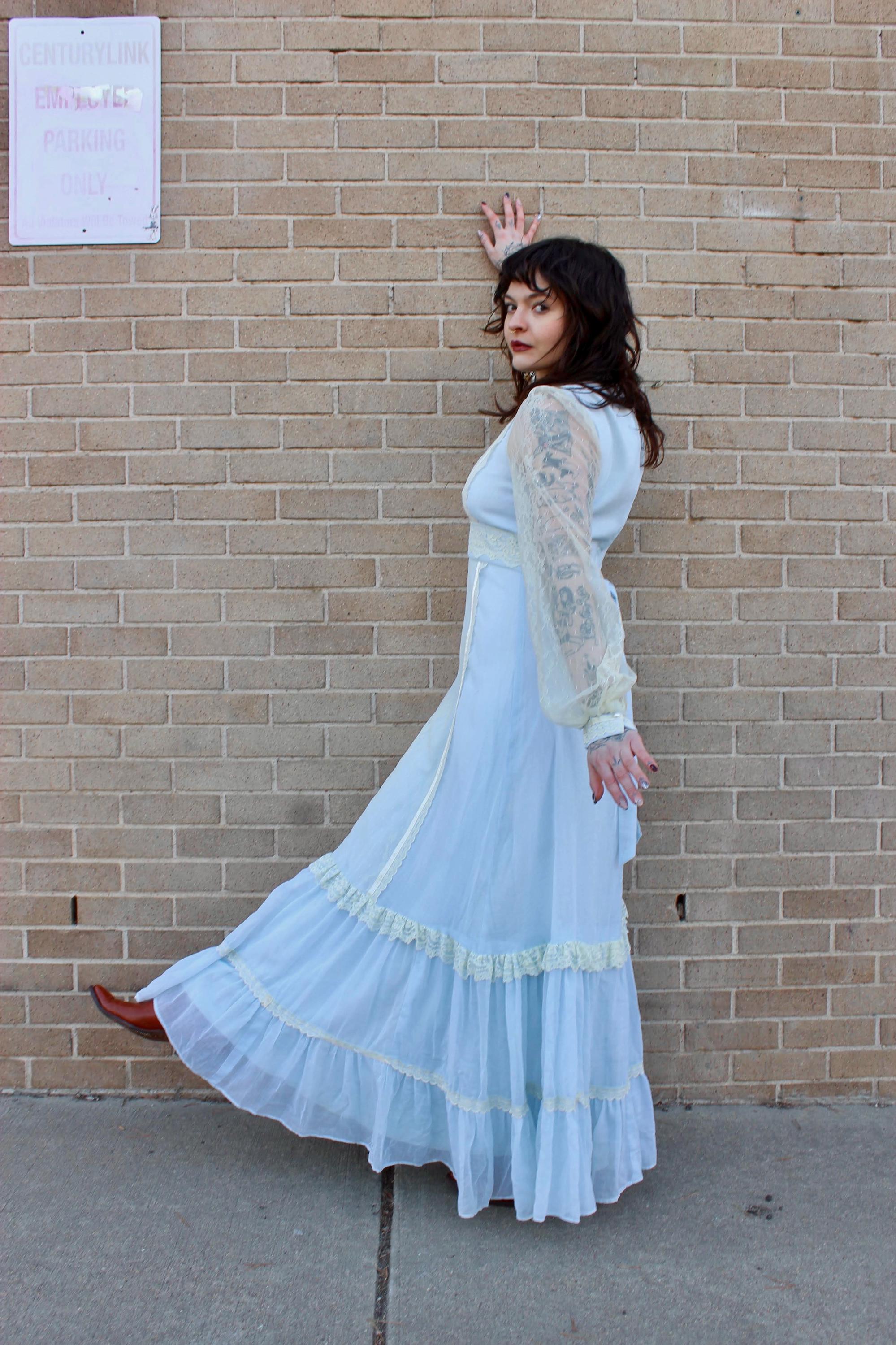 Vintage 70s Gunne Sax Maxi Dress: Baby Blue Lace, Sheer Sleeves