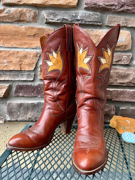 1970s Inlay Tulip Design Rust Dan Post Cowboy Boo… - image 18