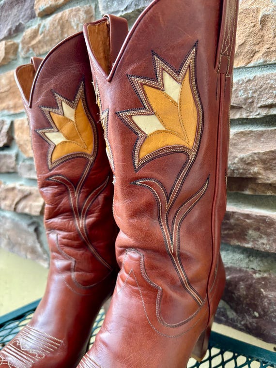 1970s Inlay Tulip Design Rust Dan Post Cowboy Boo… - image 3