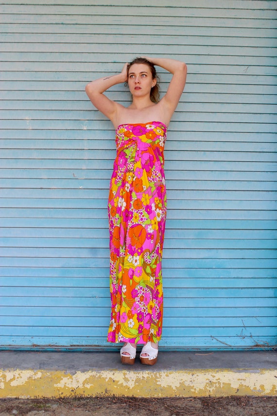 60s Hawaiian Print Halter Dress/ Button Front Dres
