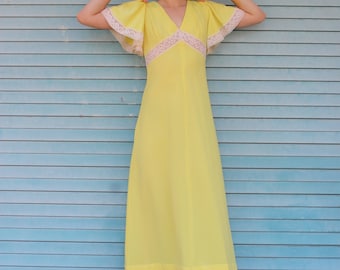 70s Yellow Prairie Dress/ 70s Boho Hippy Romantic Dress/ Maxi Day Dress/ Butterfly Sleeve Dress/ Cottage Core Dress/Gunne Sax Style