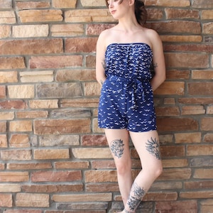 60s Ceeb Playsuit, Romper, Swimsuit with White Seagull’s and a Belt, Size Small/ Medium