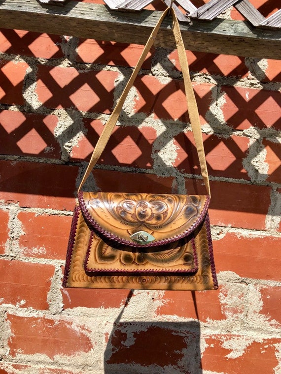 Vintage Mexican Tooled Leather Purse/ Purple Braid