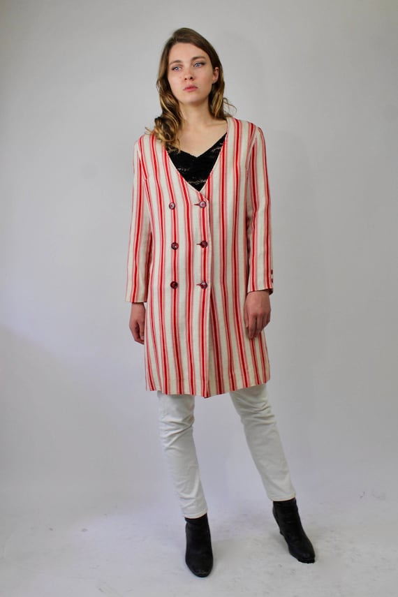 60s Gay Gibson Striped Overcoat/ Double Breasted L
