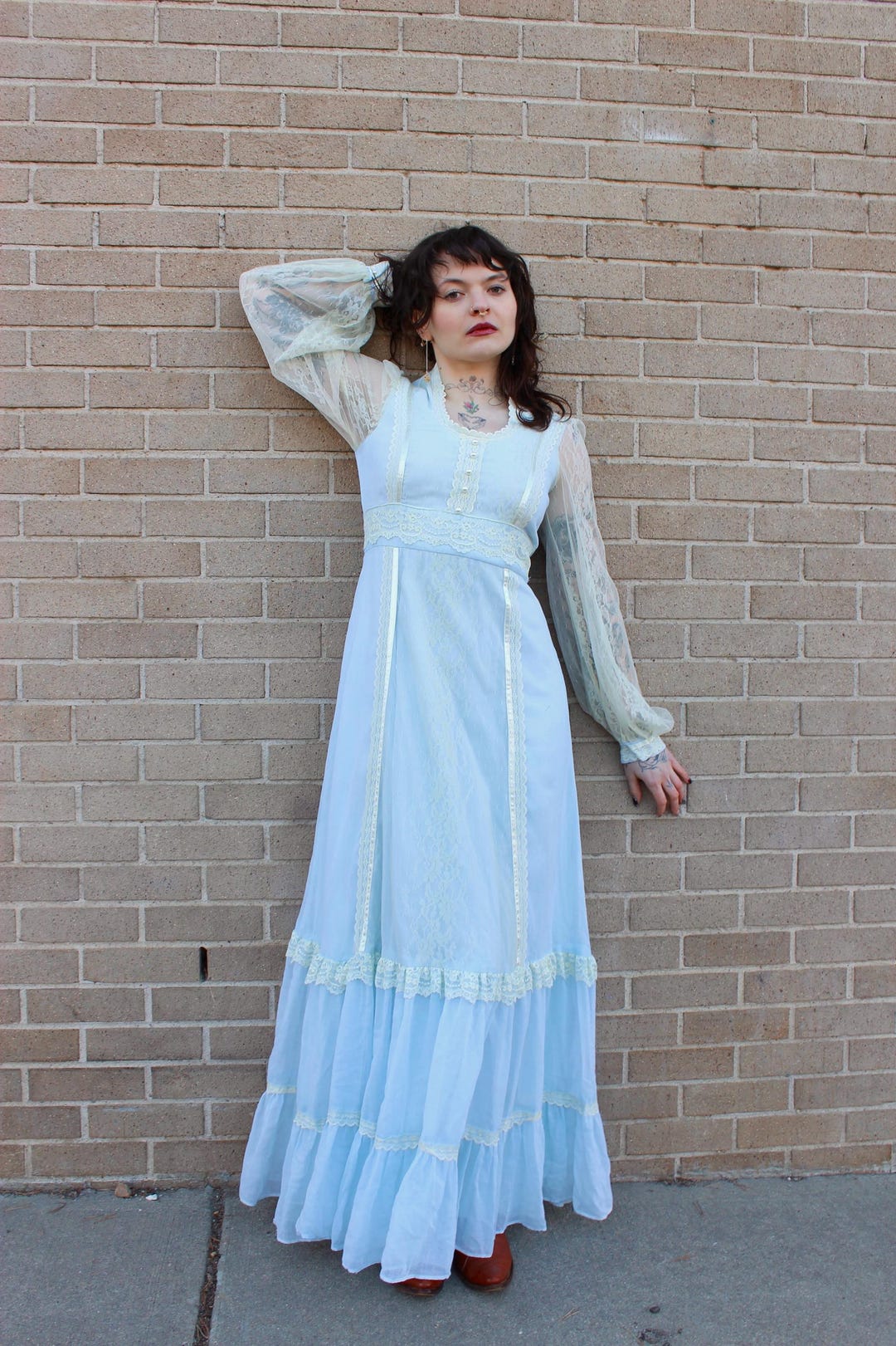 Vintage 70s Gunne Sax Maxi Dress: Baby Blue Lace, Sheer Sleeves/ Tag Size 11
