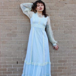 Vintage 70s Gunne Sax Maxi Dress: Baby Blue Lace, Sheer Sleeves