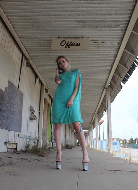 60s Mini Dress/ Blue Chiffon Mini Dress/ 60s Cockt