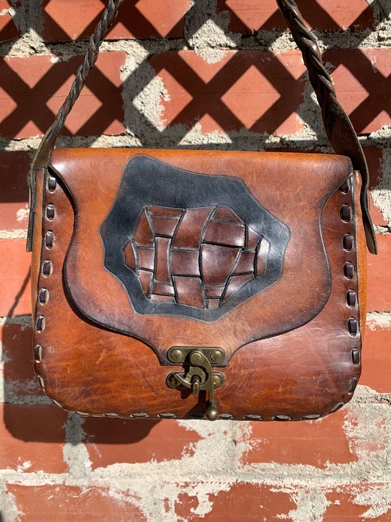 70s Leather Boho Purse/ Mexican Tooled Leather Pu… - image 1