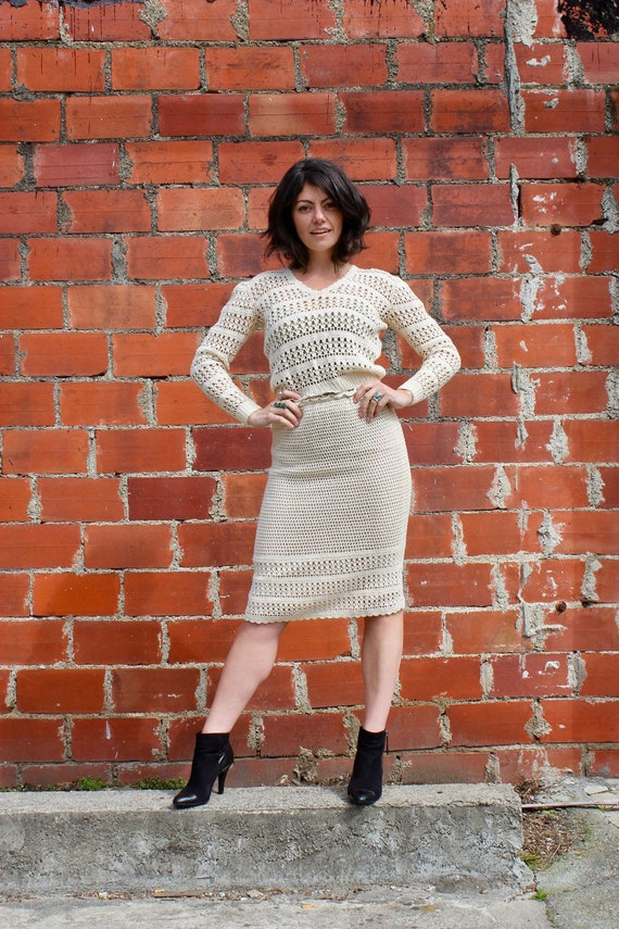 Vintage Hand Crotched Knit Sweater/ Hand Crotched