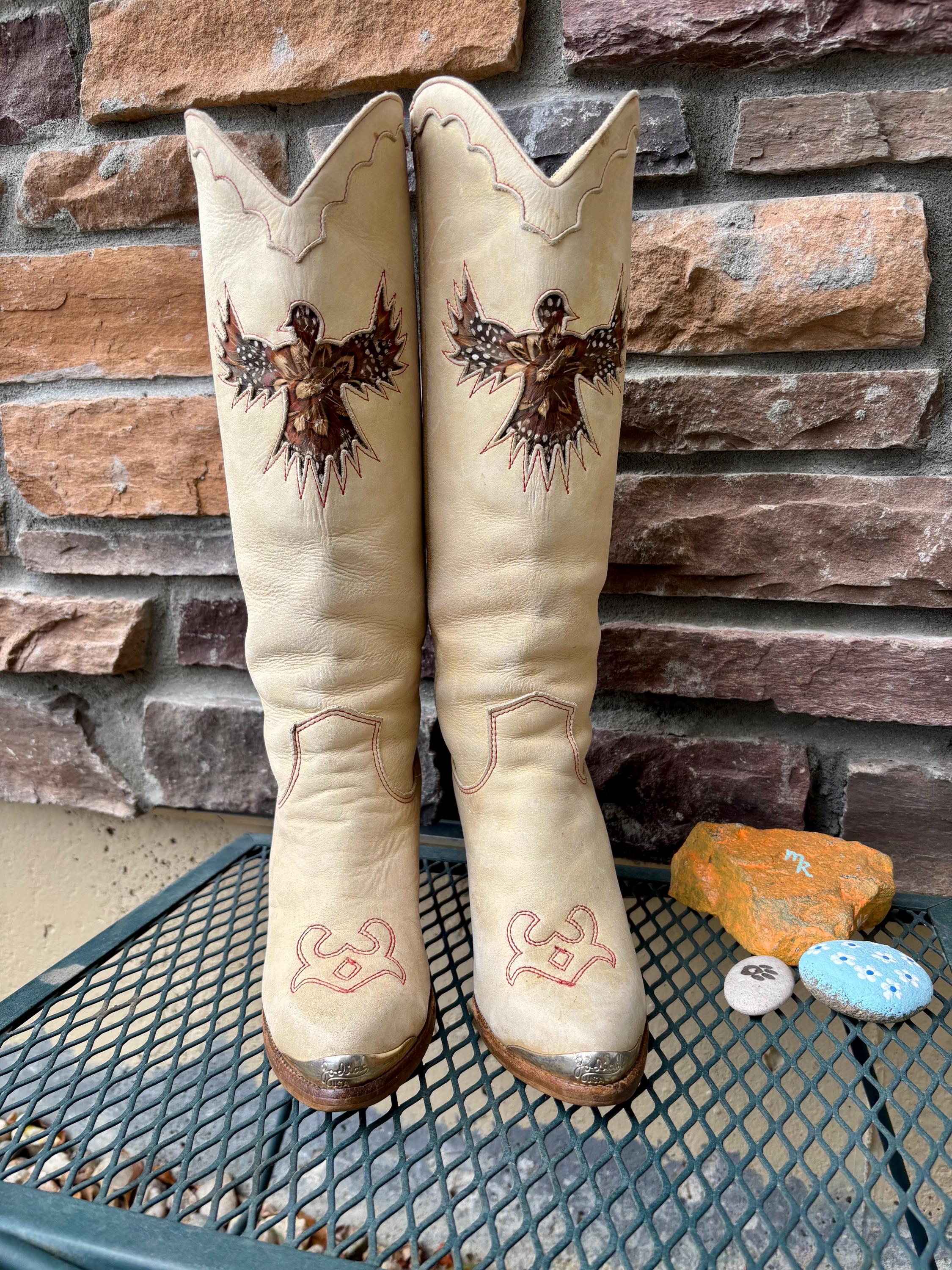 1970s Knee High Cream Suede Zodiac High Wood Heel Cowboy Boots