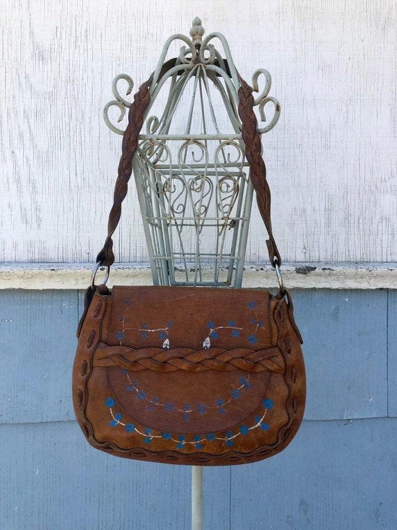 70s Tooled Leather Purse/ Braided Leather/ Hand Pa