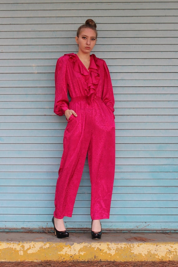 80s Silk Straight Leg Jumpsuit/ Hot Pink Jumpsuit… - image 4