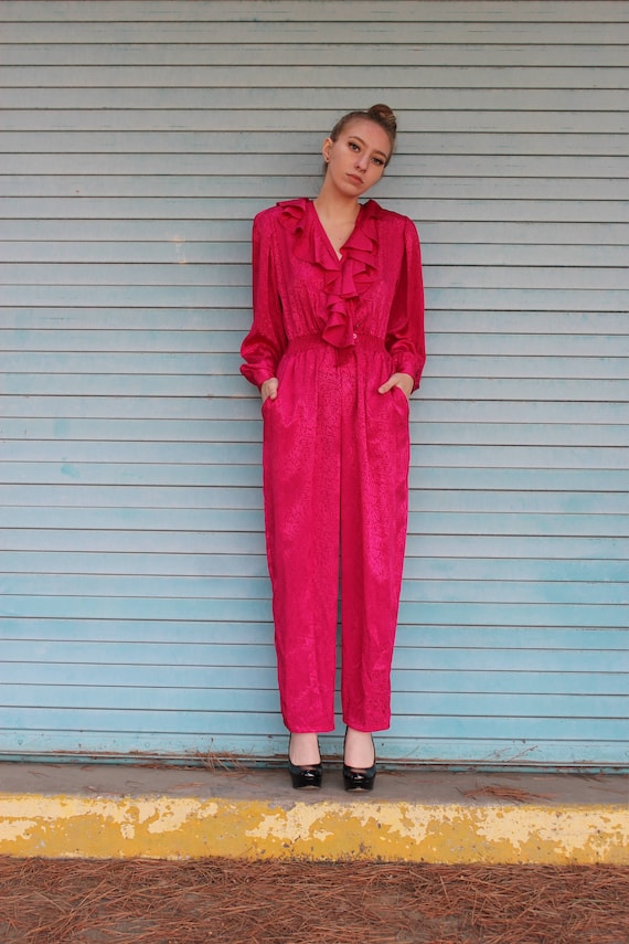 80s Silk Straight Leg Jumpsuit/ Hot Pink Jumpsuit… - image 2