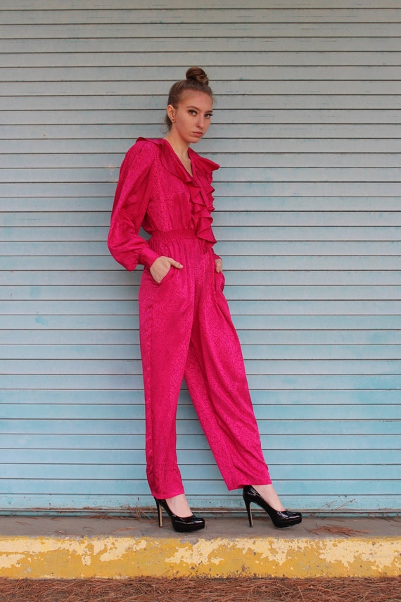 80s Silk Straight Leg Jumpsuit/ Hot Pink Jumpsuit… - image 3