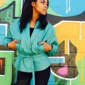 80s Leather Jacket/ Teal Vintage Leather Jacket/ Cropped Leather Jacket/ Belted Jacket/ Vintage Wilson's Leather Jacket/ 80s Leather