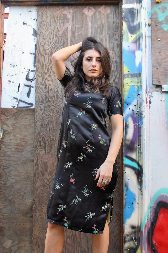 60s Oriental Dress/ Satin Brocade Oriental Dress/