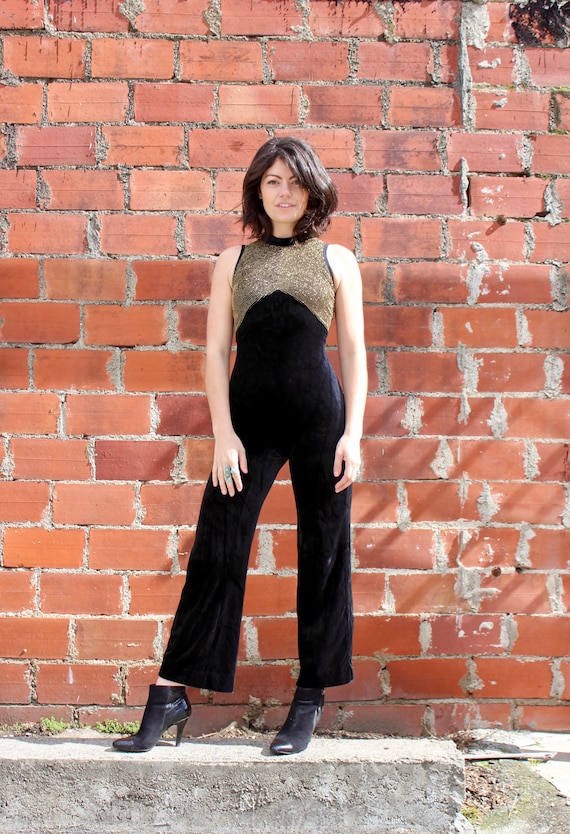 70s Black Velvet Jumpsuit/ Catsuit/ Leotard/ Gold