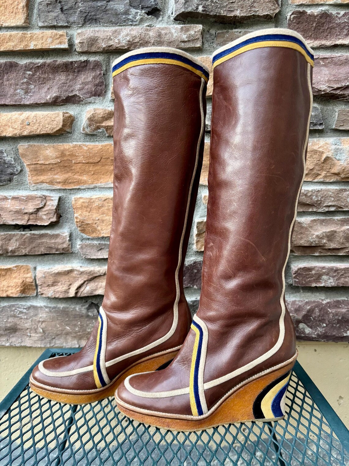 SOLD Vintage Emilio Pucci Leather Suede Wedge Boots, 70s Style Ziggy Stardust, Size 8, photo 4 sur 5