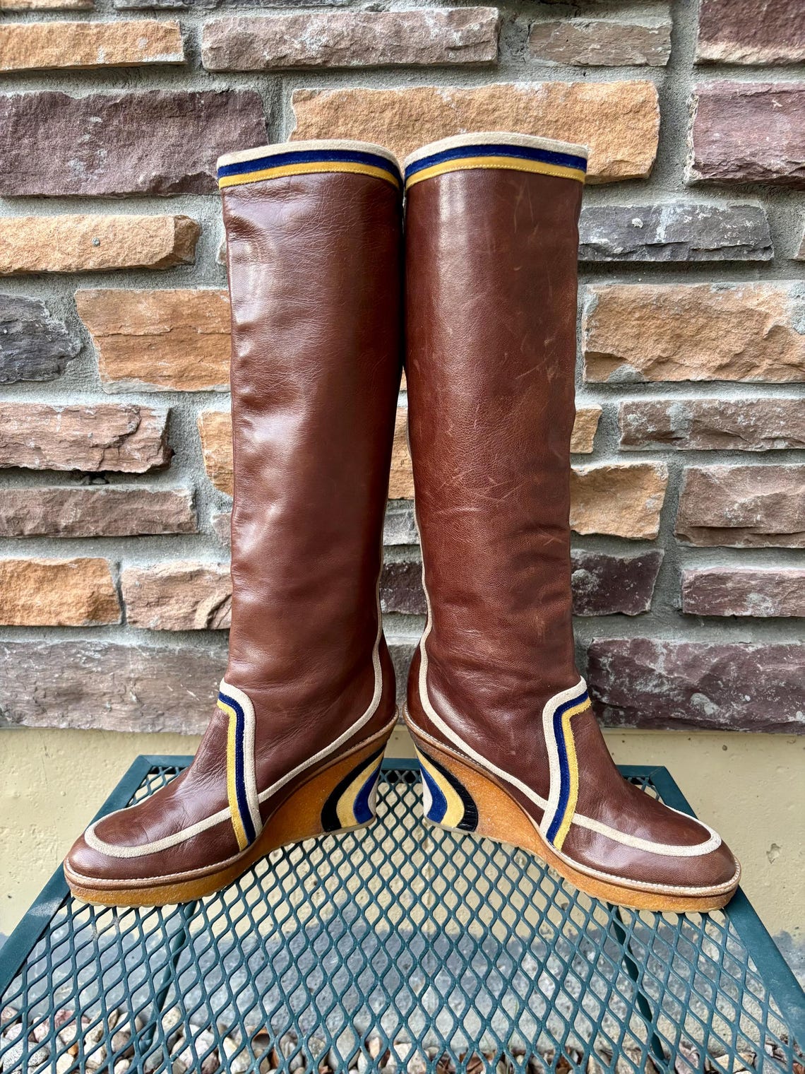SOLD Vintage Emilio Pucci Leather Suede Wedge Boots, 70s Style Ziggy Stardust, Size 8, photo 3 sur 5