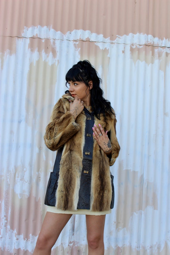 70s Brown Fur Coat/ 70s Leather and Fur Coat/ Brow