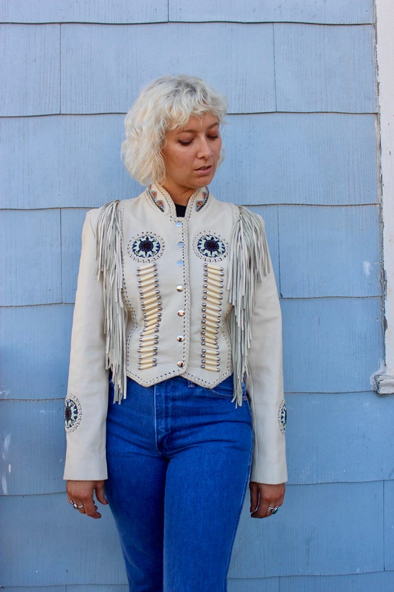 Vintage White Leather Fringe Jacket/ Southwestern