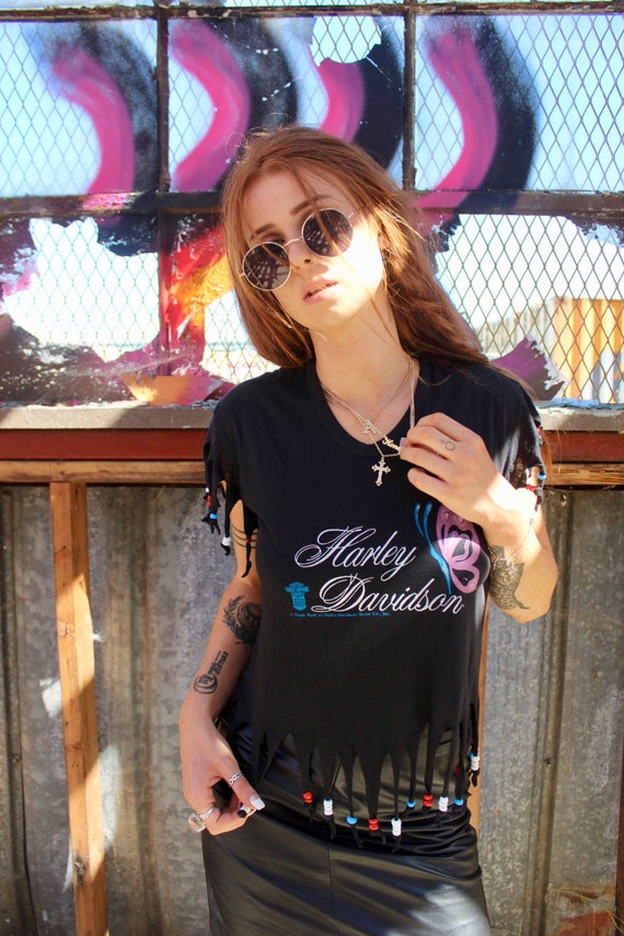 80s Women's Harley Davidson T-Shirt/ Black Beaded