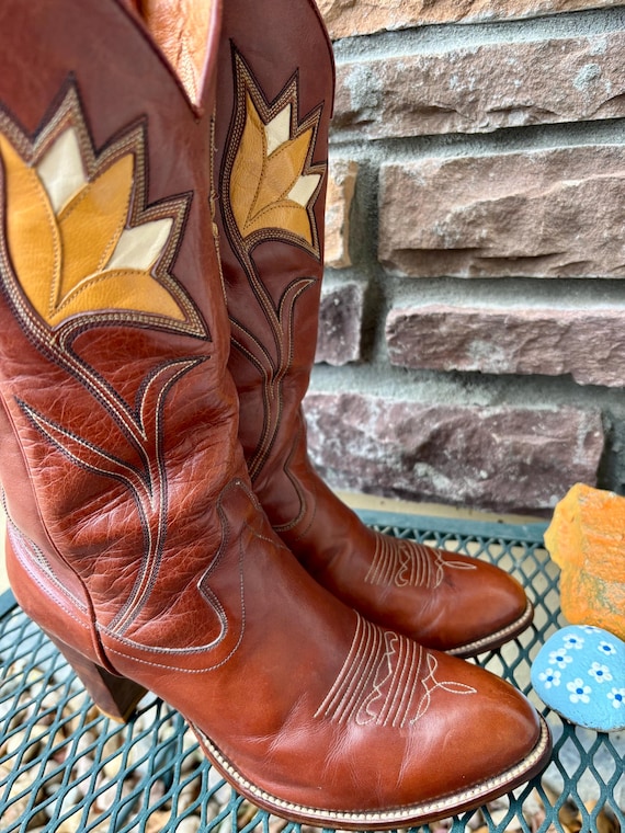 1970s Inlay Tulip Design Rust Dan Post Cowboy Boo… - image 6