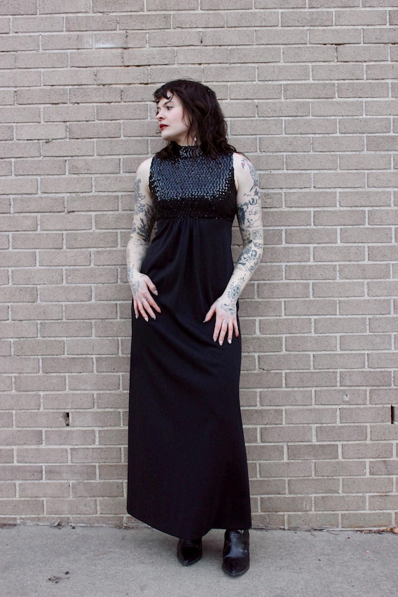 1970s Black Sequin Maxi Dress: Vintage Disco Cocktail Gown 1970s Black Sequin Maxi Dress: Vintage Disco Cocktail Gown