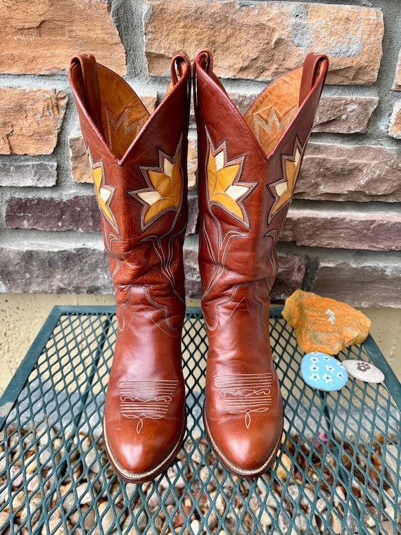 1970s Inlay Tulip Design Rust Dan Post Cowboy Boo… - image 8